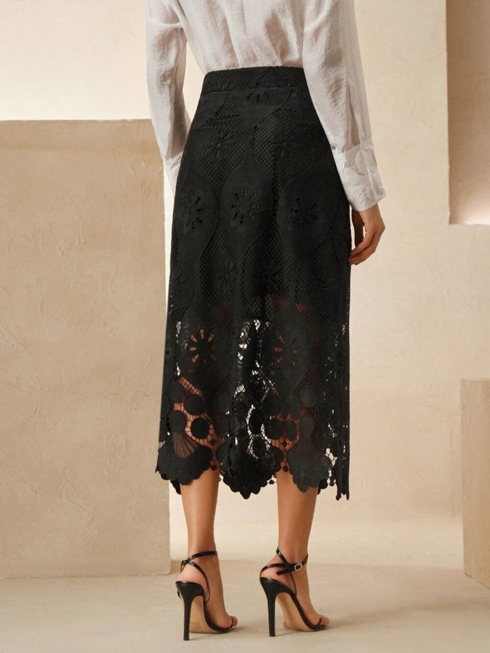 Black Boho Women's Elegant Lace Hollow Out Skirt Maxi Skirt - Picture 2 of 5